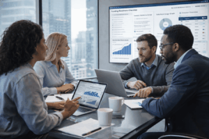 Startup founders and investors reviewing financial documents and analytics on laptops during a due diligence meeting in a modern office.